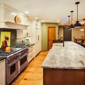 Stained Island with Off White Painted Kitchen Perimeter