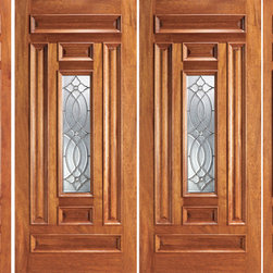 Prehung Mahogany Center Lite Home Double Door Two Sidelights - Front Doors
