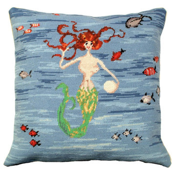 Throw Pillow Needlepoint Mermaid 18x18 Deep Blue Cotton Velvet Back