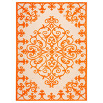 Nourison - Aloha Modern Trellis Medallion Indoor Outdoor Patio Rug, Orange, 4'x6' - A pretty and playful pattern of scrolling vines really turns on the charm when presented in vibrant orange and beige. This high-low textured indoor/outdoor rug will bring fresh and fabulous flair to your patio, porch, or deck. Machine made of polypropylene for easy cleaning: simply hose-rinse and air dry.