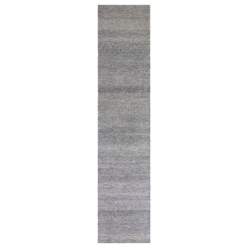 Rustic Gray Grass Design Hand Knotted Undyed Wool XL Runner Rug, 2'5"x15'10"