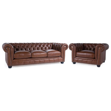 Home Square 2-Piece Furniture Set with Leather Chesterfield Accent Chair & Sofa