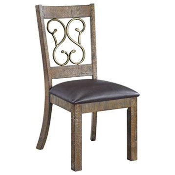 Set of 2 Dining Chair, Weathered Cherry Frame With Scrolled Back & Black PU Seat