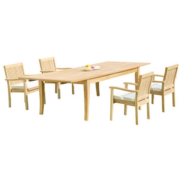 5-Piece Teak Dining Set: 122" X-Large Rectangle Table, 4 Lev Stacking Arm Chairs