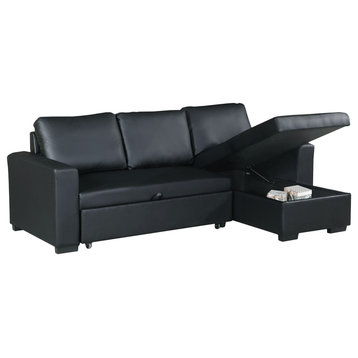 Benzara BM168713 Faux Leather Convertible Sectional With Storage Black