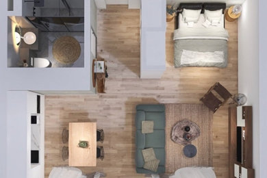 Offenes Rustikales Wohnzimmer ohne Kamin mit grauer Wandfarbe, gebeiztem Holzboden, TV-Wand und braunem Boden in Berlin
