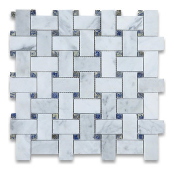 Carrara White Marble Basketweave Mosaic Tile Azul Blue Dots Polished, 1 sheet