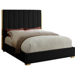 Meridian Furniture - Becca Velvet Upholstered Bed, Black, King - Transform your bedroom into a luxurious place to retired in the evenings with this elegant Becca black velvet king bed. Featuring a black velvet base with channel tufting atop a polished gold metal frame, this king-size bed makes a bold statement even when incorporated with existing contemporary bedroom decor. With a width of 85 inches, depth of 86 inches, height of 61.5 inches, and footboard height of 13.5 inches, this chic bed offers ample space for you to get a good night's rest.