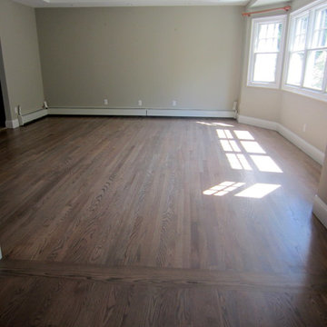 NISSEQUOGUE:  2 1/4" RED OAK W/ CUSTOM GREY BLEND STAIN + BONA TRAFFIC HD SATIN