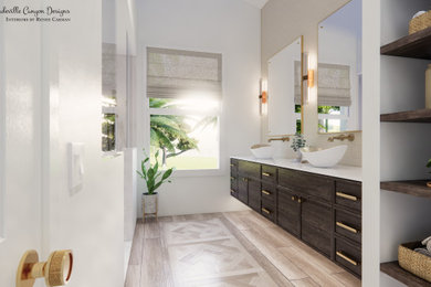 Design ideas for a large contemporary master bathroom in Other with furniture-like cabinets, dark wood cabinets, a double shower, a bidet, white walls, ceramic floors, a vessel sink, engineered quartz benchtops, grey floor, an open shower, white benchtops, a shower seat, a double vanity and a floating vanity.