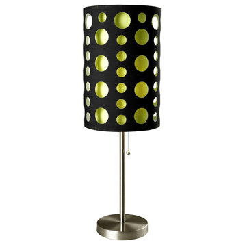 33" Silver Metal Mod Table Lamp With Black And Green Drum Shade
