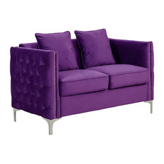 Mid Century Loveseat, Metal Legs & Cushioned Seat With 2 Throw Pillows, Purple