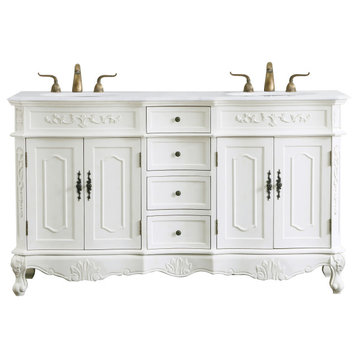 60" Double Bathroom Vanity, Antique White With Ivory White Engineered Marble