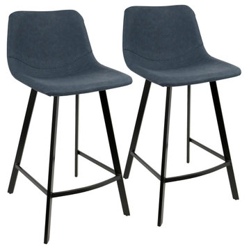Outlaw Industrial Counter Stool, Black With Blue Faux Leather, Set of 2