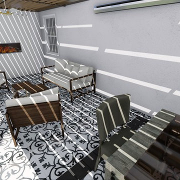 High-End Patio Covers with a Fireplace and Tile Flooring