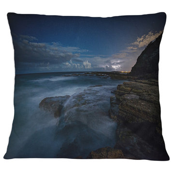 Rocky Blue Ocean at Nighttime Seashore Throw Pillow, 16"x16"
