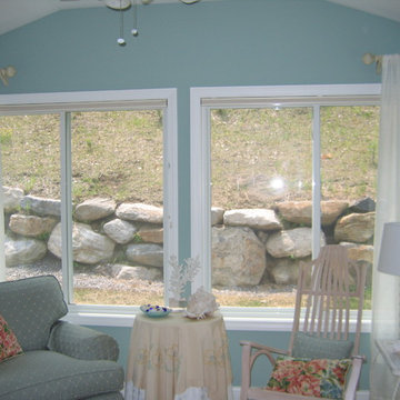 Gathered Sheer Linen Drapery Panels on Wood Poles, Corner Treatment