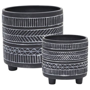 2-Piece Set Tribal Look Footed Planter, Black