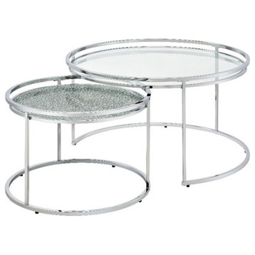 Furniture of America Belmont Metal 2-Piece Nesting Table in Chrome and Clear