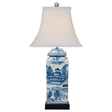 Beautiful Chinese Blue and White Blue Willow Porcelain Temple Jar Table Lamp, 22
