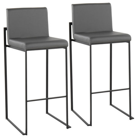 Fuji High Back Barstool, Black Steel/Gray Faux Leather, Set of 2