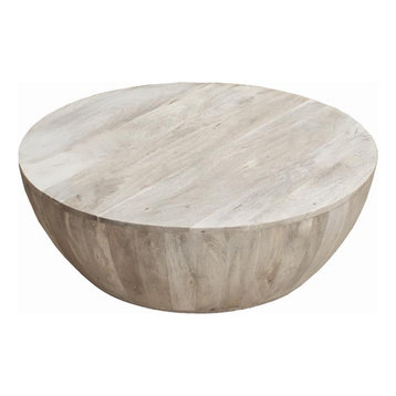 36" Round Mango Wood Coffee Table with Subtle Grains in Distressed Natural