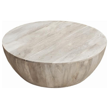 12 Inch Round Mango Wood Coffee Table-Subtle Grains-Distressed White