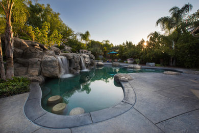 Example of a large island style backyard concrete and custom-shaped natural pool fountain design in Los Angeles