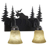 Vaxcel - Bryce Bronze Rustic Bathroom Wall Fixture, Moose, 2-Light - Evoking the spirit of the wilderness, this rustic themed light is clad in a burnished bronze finish and features silhouetted moose imagery atop glowing amber flake glass. It is a great choice for a vacation lodge, cabin or suburban home and will complement a variety of home styles: anywhere you want to bring an element of nature. This bathroom light is perfect over small vanities or as a pair over double sinks. The full back plate creates the perfect solution to any space where a larger back plate is needed.