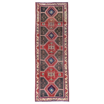 Semi Antique Red Persian Heriz Geometric Design Handknotted Wool Rug, 3'9"x10'9"