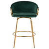 Claire 26" Fixed Height Counter Stool, Set of 2, Gold Steel, Green Velvet