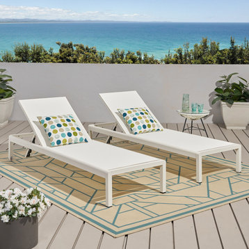 GDF Studio Crested Bay Outdoor Gray Aluminum Chaise Lounge, White, Set of 2