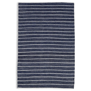 Hand Woven Blue & White Directional Striped Wool Rug by Tufty Home, Navy Blue / Beige, 2.3x7