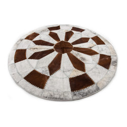 Modern Cowhide Patchwork Area Rug Round, Handmade, Brown White, 6' - Area Rugs