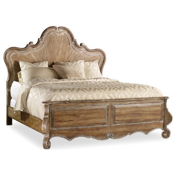 Catania Farmhouse Wood King Panel Bed with Headboard in Caramel Froth