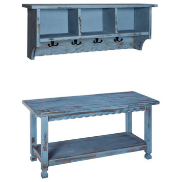 Alaterre Furniture Country Cottage Coat Hooks and Bench Set-Blue Antique Finish