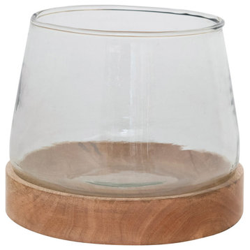 Glass Hurricane/Vase With Mango Wood Base, 7"