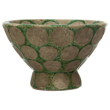 Round Terra-cotta Footed Bowl with Wax Relief Dots, Green and Cement