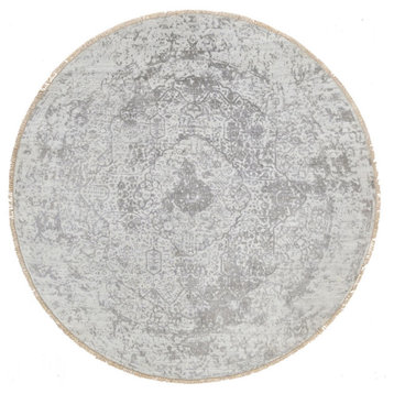 Gray Hand Knotted Broken Persian Design Wool and Pure Silk Round Rug, 6'7"x6'7"