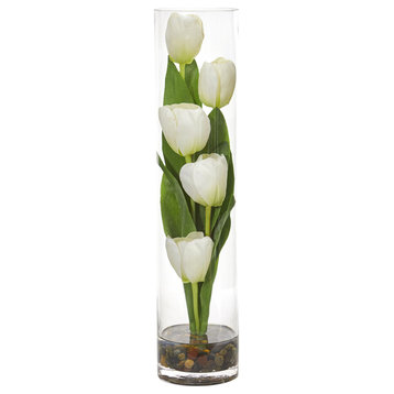 Tulips Artificial Arrangement, Cylinder Vase, White