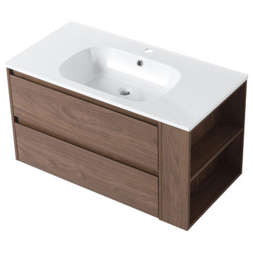 36" Plywood Wall Mounting Bath Vanity Set, Brown Oak, Gel Sink