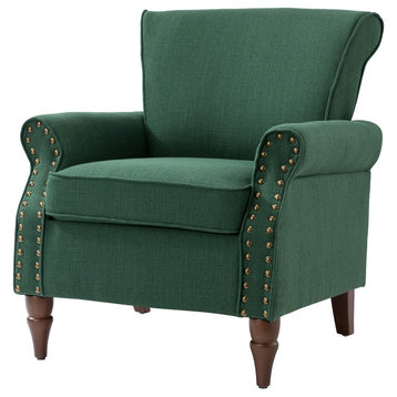 32.5" Wooden Upholstered Accent Chair With Arms, Green