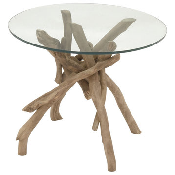 Rustic Side Table, Unique Splayed Driftwood Branches Legs With Round Glass Top