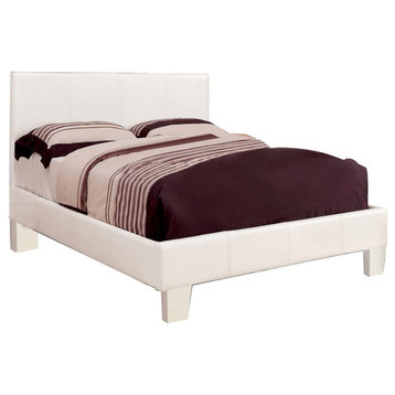 Modern Platform Bed, White Leatherette Upholstery and Panel Headboard, Queen