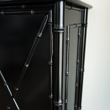Custom handcrafted black buffet dresser with bamboo trim Bali coastal design