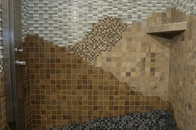 Example of a trendy pebble tile floor and multicolored floor bathroom design in Calgary with multicolored walls