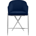 Meridian Furniture - Xavier Velvet Upholstered Counter Height Stool, Navy, Chrome Finish - Mosey up to the home bar and find comfortable seating awaits when you have this Xavier counter stool to turn to. This stool features a rich navy velvet upholstered barrel-style seat and back cushion and rests on chrome metal legs with a metal frame for durability. This counter-height stool is just the thing to bring your modern counter or home bar setup into contemporary style.