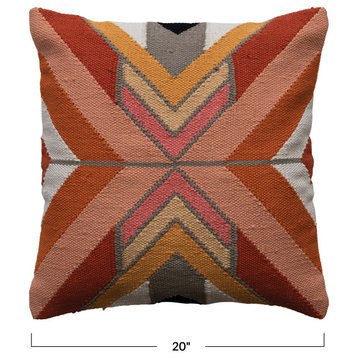 20 Inches Square Woven Cotton Pillow With Chevron Pattern, Multicolored