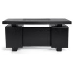 Zuri Furniture - Monroe Black Wood Modern Desk with Leather Pad and Storage - The Monroe desk boasts an array of storage space making it a compact yet functional dream desk. It is crafted from a rich black stained American oak wood veneer with an open grain finish. Features include two locking drawers, one of which accommodates letter and legal filing. There is also a large pencil drawer, faux leather desktop writing pad, wire management portholes, and a hidden CPU tower storage compartment. With all of its' functional and aesthetic qualities, the Monroe desk is a perfect statement piece for a sleek, modern working environment.