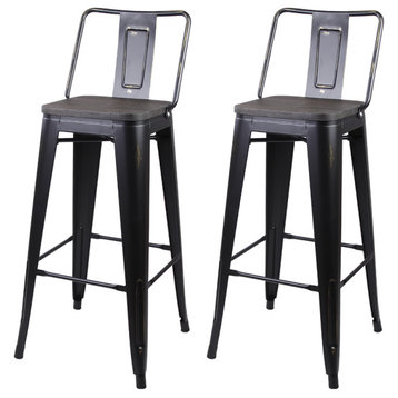 Antique Black Middle Back Metal Barstools With Wooden Seat, Set of 2